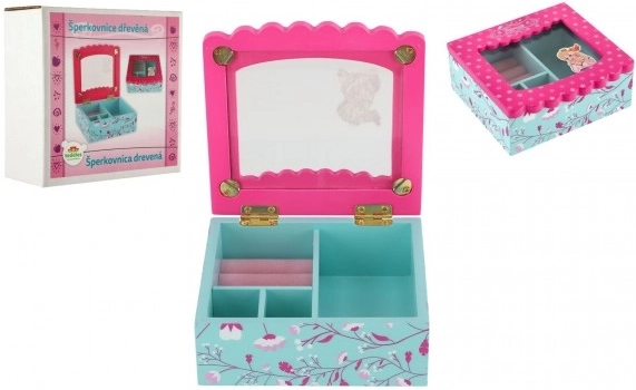 Drevená šperkovnica s kvetmi a zrkadlom, tyrkysovo‑ružová