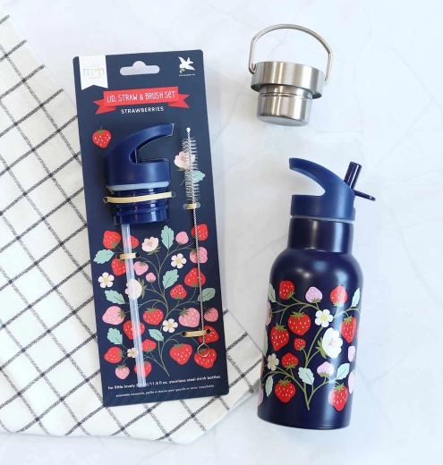 A Little Lovely Company sada uzáveru, kefky a slamky k nerezovej fľaši 350 ml – Jahody