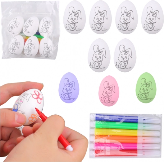 Veľkonočné polystyrénové vajíčka na maľovanie so vzorom zajačika, 6 ks s fixkami