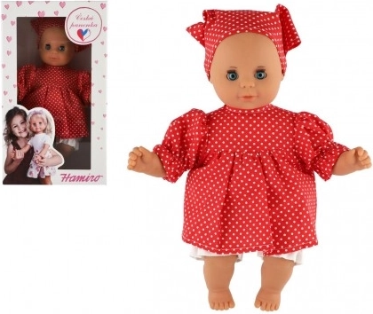 Bábika bábätko 30 cm v červených bodkovaných šatočkách so šatkou
