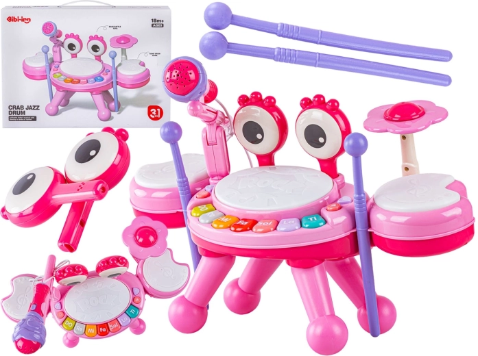 Edukačný mini bubienkový krab s piankom a mikrofónom ružový - 1 kus