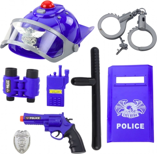 policajná sada pre deti – helma, pištoľ, putá a doplnky, 9 dielov