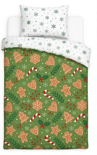Vianočná posteľná bielizeň Holly Jolly s perníčkami a vločkami, zelená 140 × 200 cm