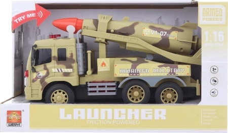 Vojenské auto s raketou na batérie pre deti