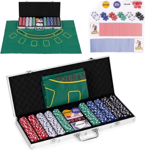 Poker a Blackjack sada – 500 žetónov, 2 balíčky kariet, kocky, hracia podložka, uzamykateľný kufrík
