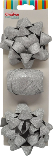 Trblietavá darčeková baliaca sada strieborná (stuha 10 m + 2 mašle hviezda 9 cm)