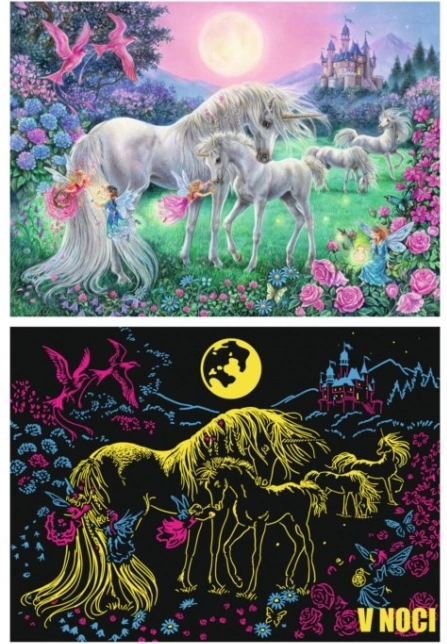 RAVENSBURGER svietiace puzzle jednorožce pri splne XXL, 100 dielikov