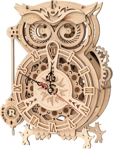 RoboTime 3D drevené mechanické puzzle Sovy hodiny