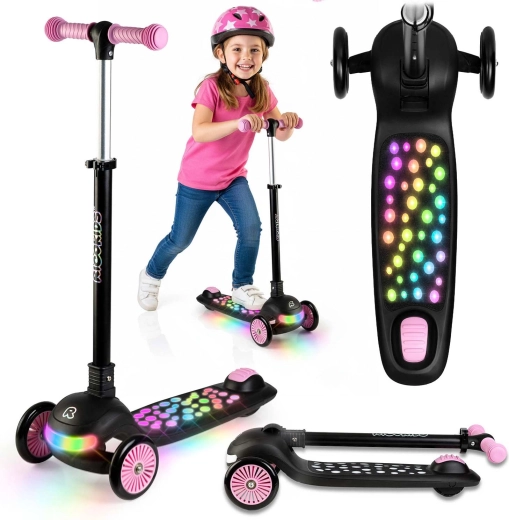 Detská trojkolesová balančná kolobežka s LED podsvietením Ricokids Glowi – čierno‑ružová