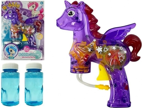 Fialová jednorožec pištoľ na mydlové bubliny