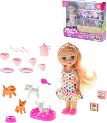 Herný set s bábikou 16 cm, psíkmi a riadom - 1 kus