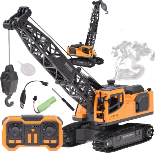 Diaľkovo ovládaný pásový žeriav s pohyblivým ramenom, hákom a dymovým efektom - 1 kus