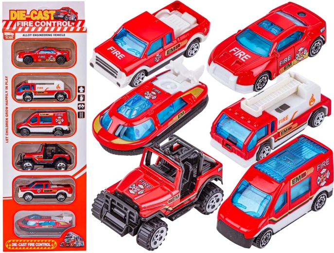 Kovové hasičské modely áut 1:64 – sada 6 ks