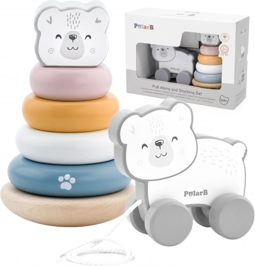 Viga PolarB drevený set ľadový medveď: pyramída a ťahací medvedík