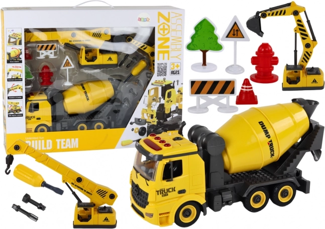 Stavebné vozidlá 1:12 DIY so svetlami a zvukmi – domiešavač, žeriav a bager