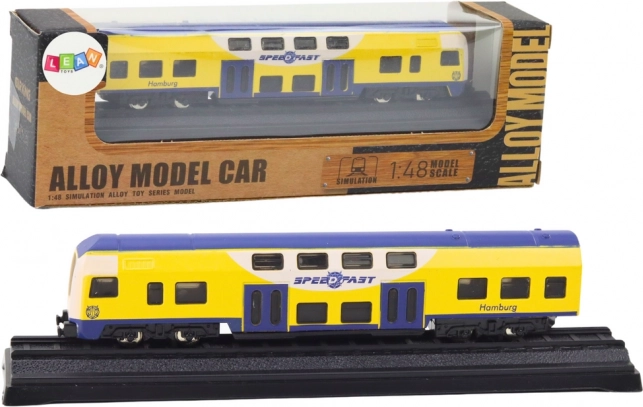 Kovový zberateľský model žlto‑modrého vlaku 1:48