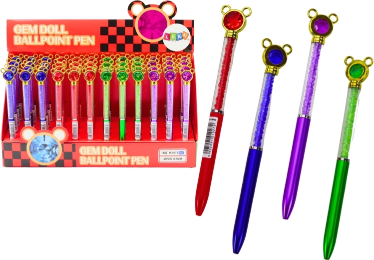 Guľôčkové pero s myškou a trblietavými kamienkami, modrá náplň 0,7 mm