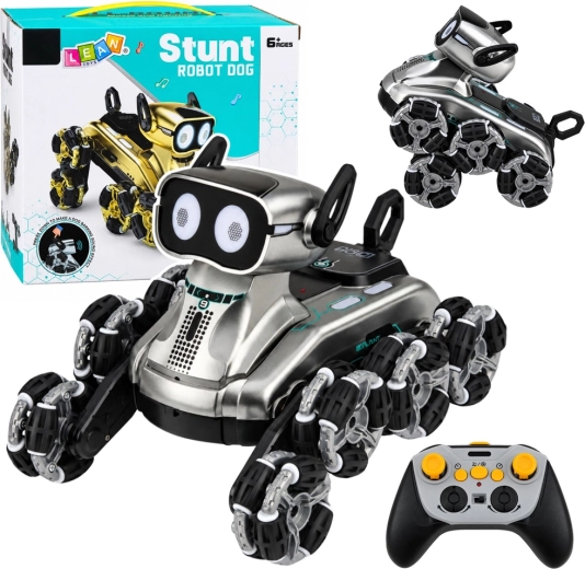 Robotický pes na diaľkové ovládanie RC s 8 kolesami, demo režim, svetlá a zvuky, strieborný - 1 kus