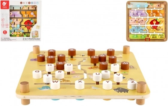 Drevený edukačný labyrint 2 v 1 CLASSIC WORLD – farma a abeceda, 30 × 30 cm