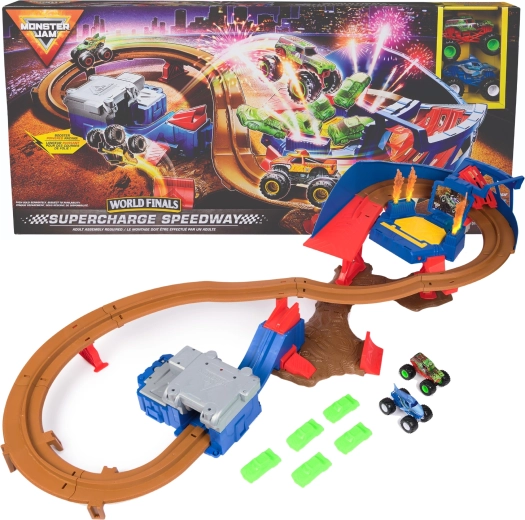 Monster Jam Supercharge Speedway kaskadérsky pretekársky set so svetlami a 2 autami 1:64