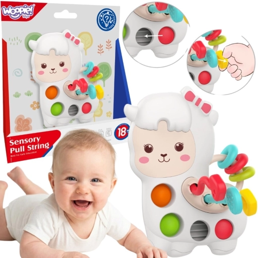 Woopie baby zmyslová manipulačná hračka Montessori lama 3v1 18m+