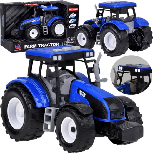 Modrý traktor s naťahovacím pohonom a svetelnými a zvukovými efektmi