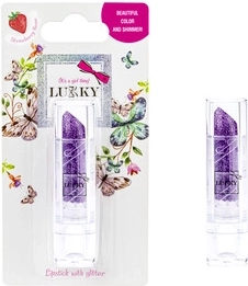 Detský rúž Lukky s trblietkami, príchuť jahoda, odtieň nachová