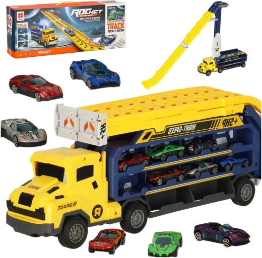 Nákladné auto – príves s dráhou a šmykľavkou pre autíčka, žlté