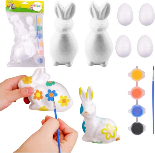 Sada na maľovanie polystyrénových ozdôb 2 zajace a 4 vajíčka s farbami