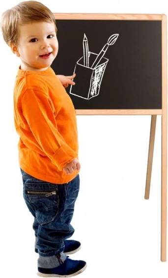 Detská obojstranná drevená tabuľa, magnetická – krieda aj fix, 84 × 43 × 50 cm