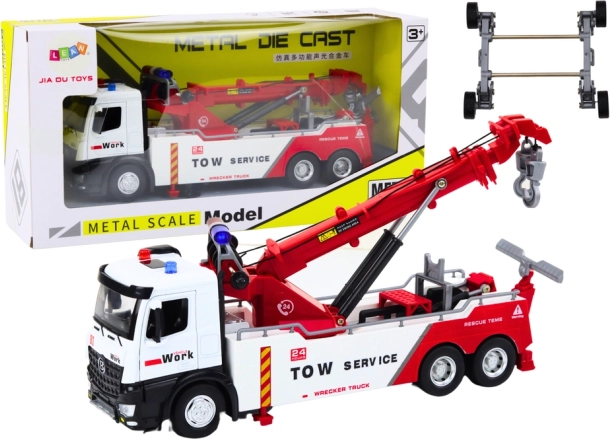 kovový odťahový voz s žeriavom s dvoma hákmi, svetlá a zvuky, bielo‑červený