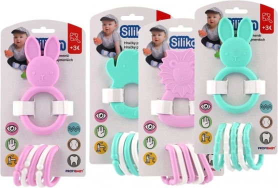 silikónové hryzátko so zvieratkom a plastovými krúžkami 7–8 cm, mix farieb, 3m+