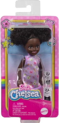 Bábika BARBIE Chelsea, fialové šaty s kvetmi, 15 cm