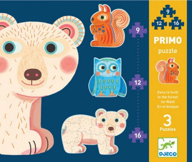 DJECO puzzle V lese 3v1 – obrysové zvieratká pre deti (9, 12, 16 dielikov)