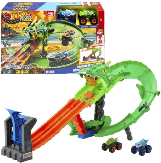 hot wheels monster trucks dračí závod – sada dráhy s dvojitou strelou a 2 autami
