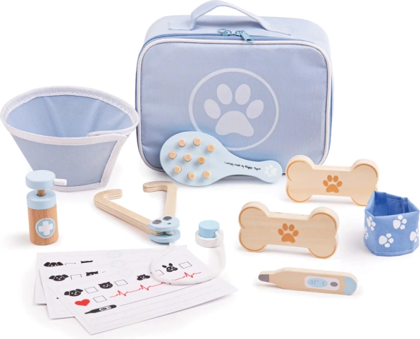 Bigjigs Toys veterinárny set pre deti – drevená sada pre domácich miláčikov, 12 ks