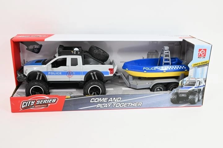 Policajné terénne auto s prívesom a záchranným člnom so svetlom a zvukom