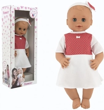 Bábika Hamiro žmurkajúca 50 cm s pevným telom a bielymi šatami s červenými bodkami