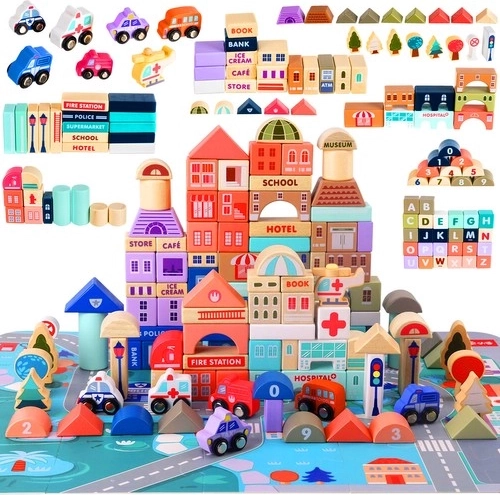 Drevené mesto stavebnica 115 dielov s puzzle podložkou KRUZZEL