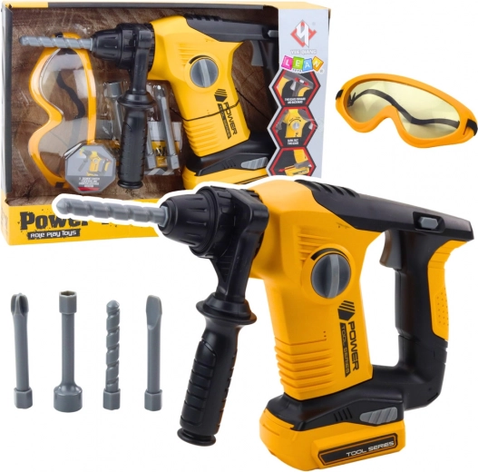 Detské vŕtacie kladivo s vymeniteľnými koncovkami a ochrannými okuliarmi žlté