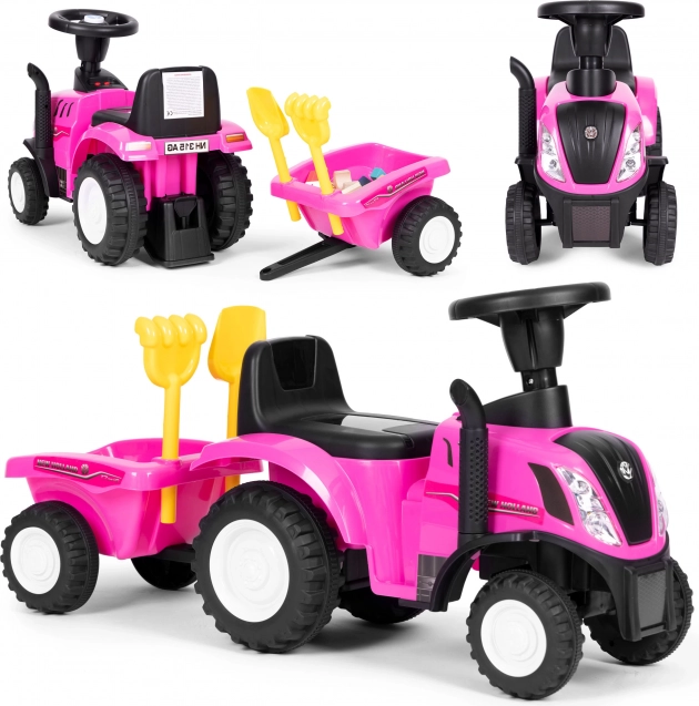 Odrážadlo traktor s vozíkom pre deti, interaktívny volant a zvuky NEW HOLLAND – Ružová