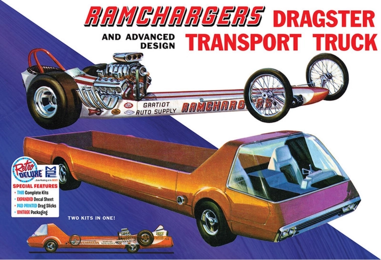 Plastový model auta 1:25 MPC Ramchargers dragster & transporter truck