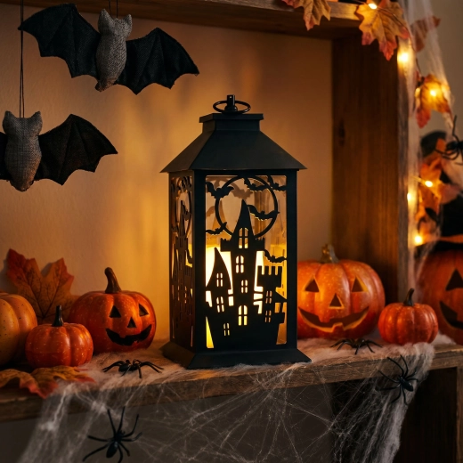 Halloweenová blikajúca lucerna s hradom na batérie