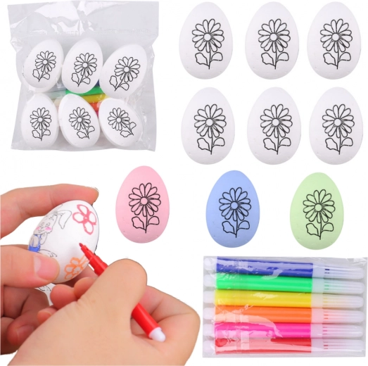 Polystyrénové veľkonočné vajíčka na maľovanie so vzorom kvetu, 6 ks s fixkami