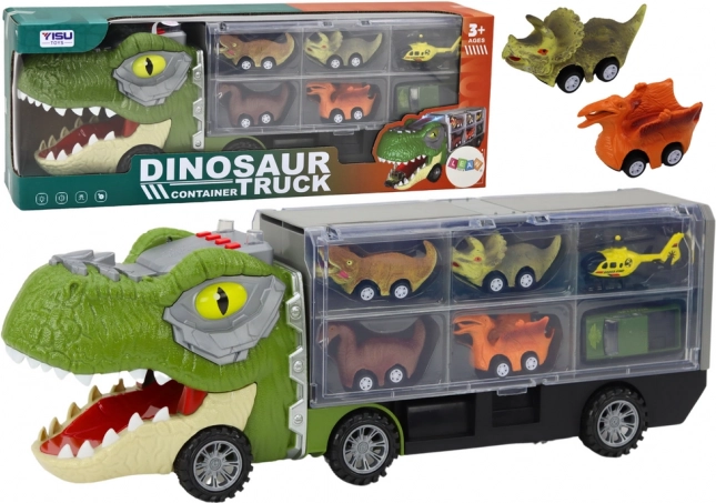 Dinosaurí nákladný automobil s prepravníkom a 6 autíčkami so svetlami a zvukmi – zelený