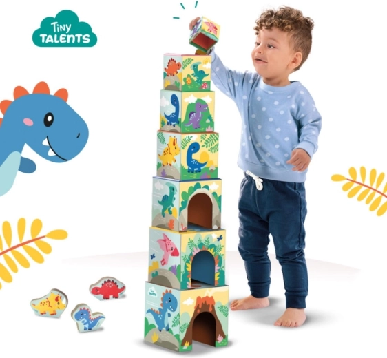 Veža zo 7 kociek s veselými ilustráciami dinosaurov