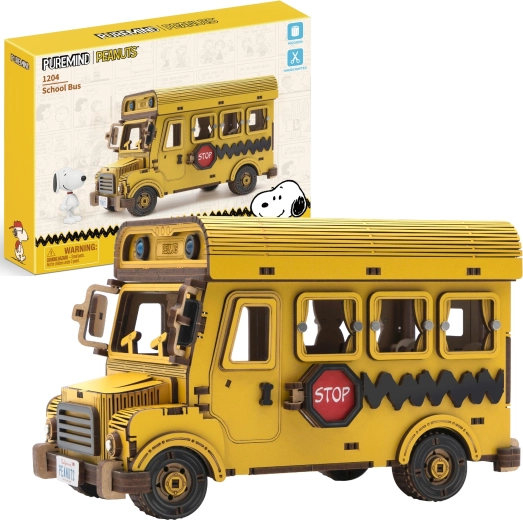 Puremind drevený 3D model školského autobusu PEANUTS Snoopy – stavebnica