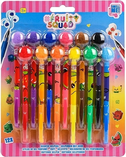 Voňavé gélové perá Fruity Squad s bambuľkou - 12 ks