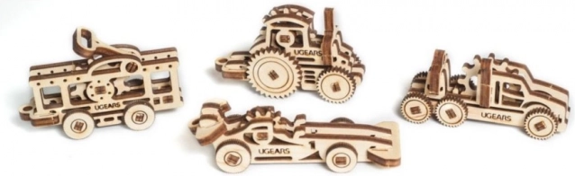 Ugears 3D drevené mechanické puzzle – sada 4 príveskov vozidiel