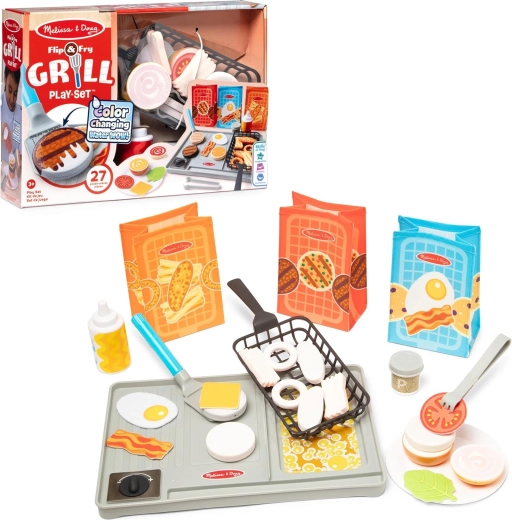 Melissa & Doug Flip & Fry grilovacia súprava s jedlom meniacim farbu, 27 dielov